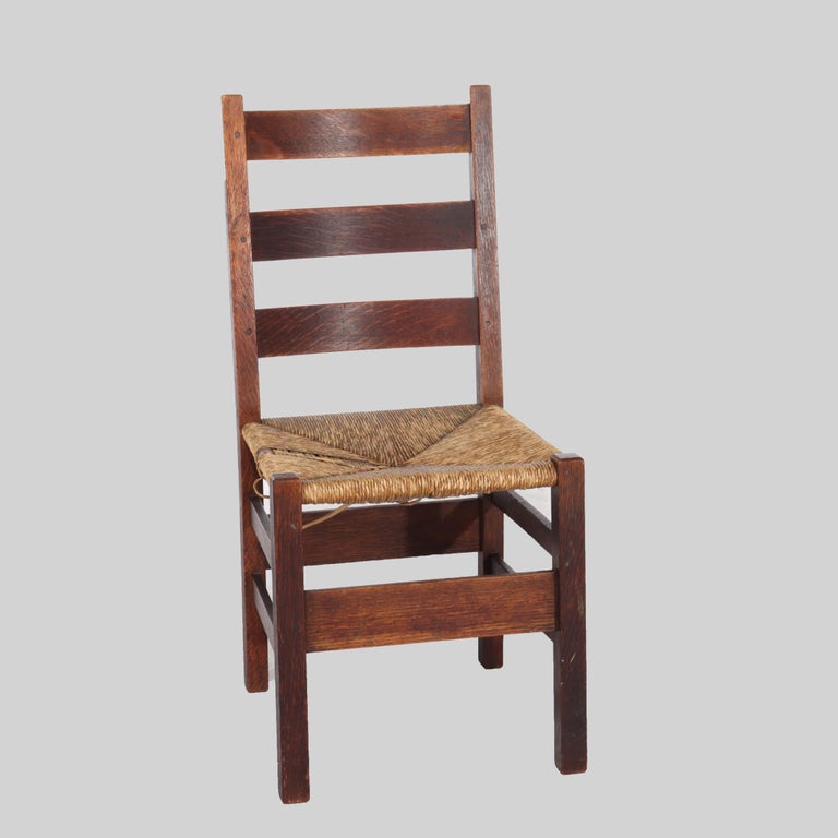 Antique Arts & Crafts Stickley Slat Back Oak Chair with Rush Seat Unsigned C1910
