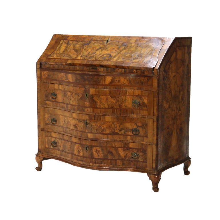 18thC Italian Florence Olive Wood, Rosewood & Burl Swell & Drop Front Desk c1770