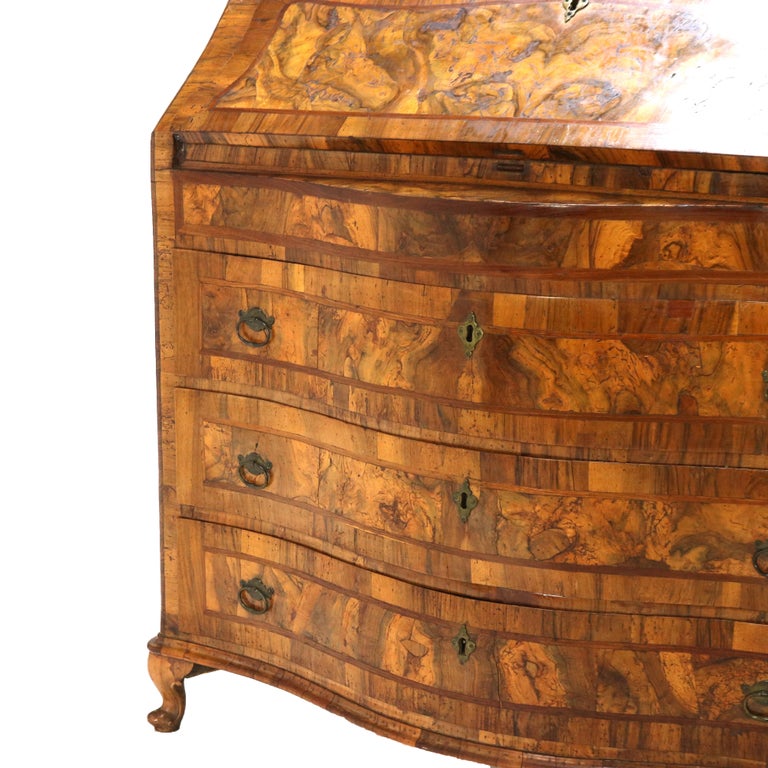 18thC Italian Florence Olive Wood, Rosewood & Burl Swell & Drop Front Desk c1770