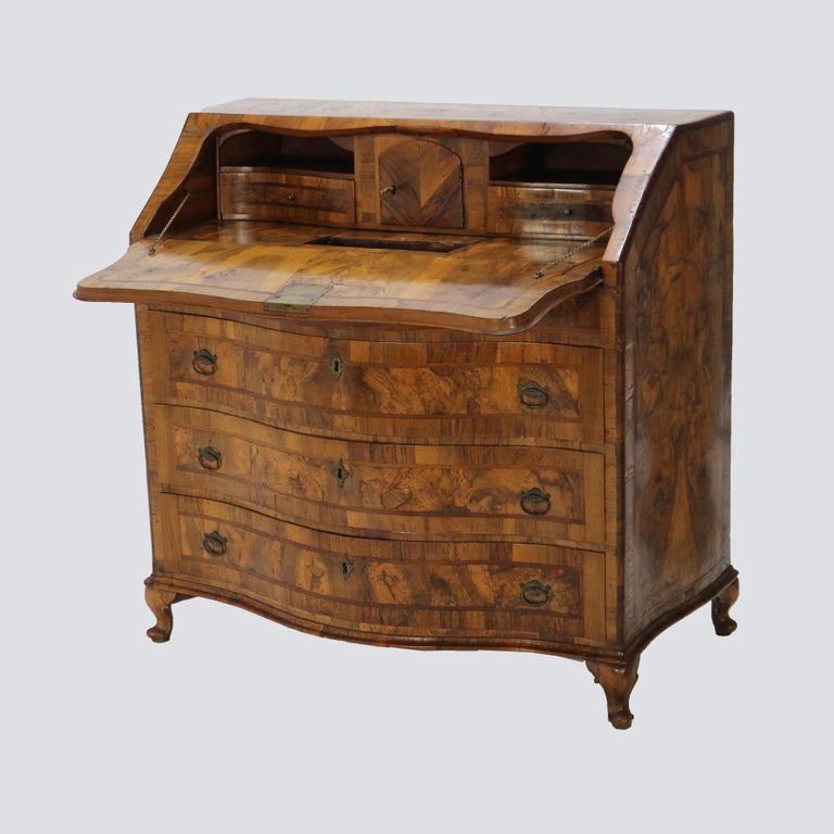 18thC Italian Florence Olive Wood, Rosewood & Burl Swell & Drop Front Desk c1770