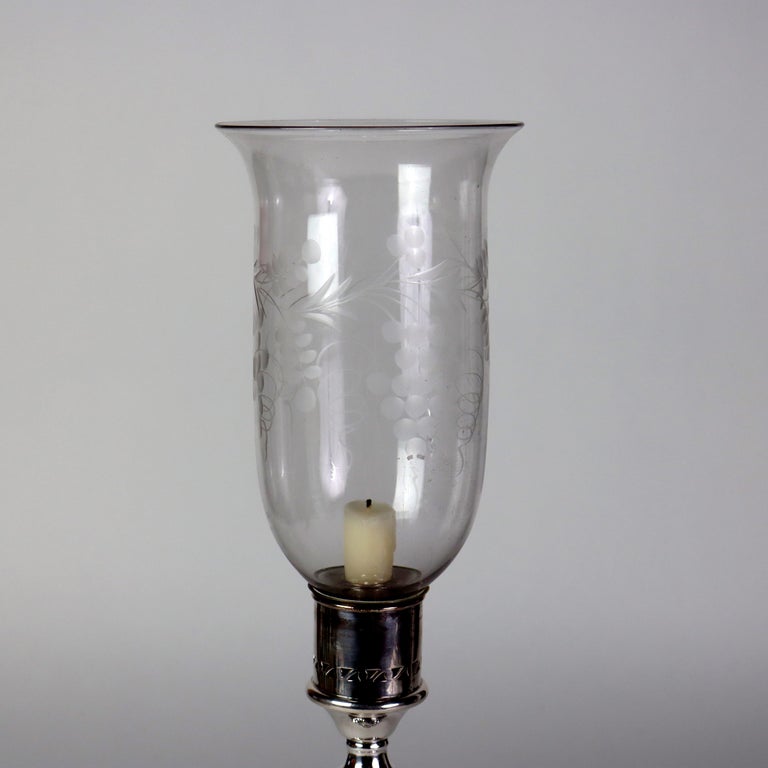 Antique Embossed Silver Plate Candlestick with Grape & Leaf Etched Shade C1890