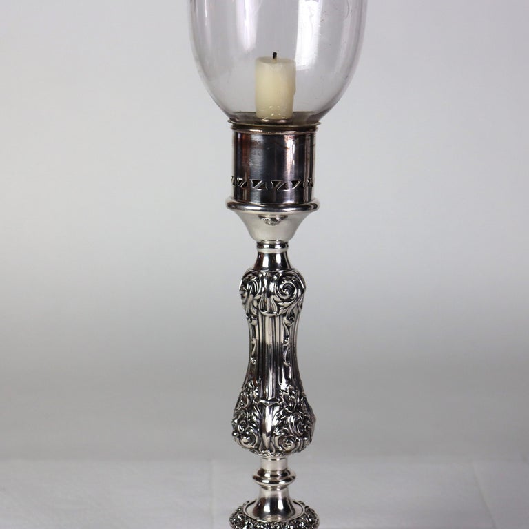 Antique Embossed Silver Plate Candlestick with Grape & Leaf Etched Shade C1890