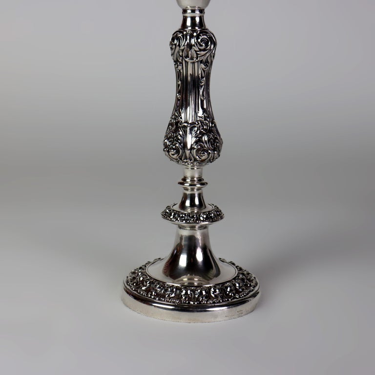 Antique Embossed Silver Plate Candlestick with Grape & Leaf Etched Shade C1890