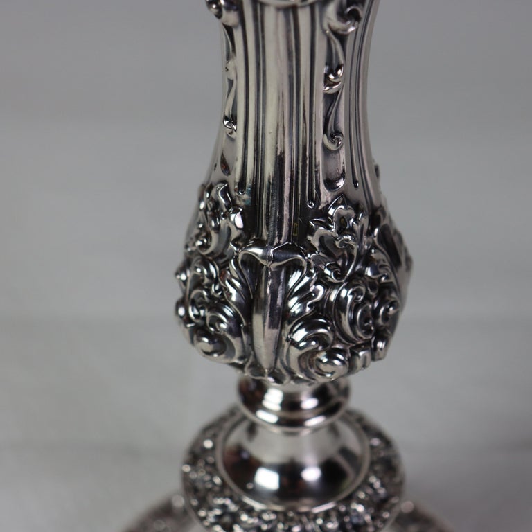 Antique Embossed Silver Plate Candlestick with Grape & Leaf Etched Shade C1890