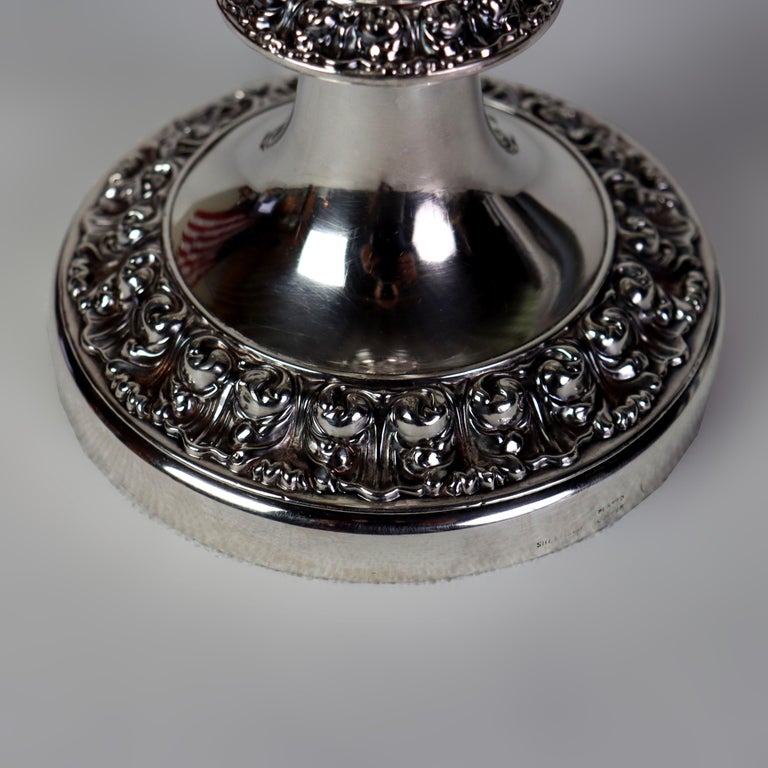 Antique Embossed Silver Plate Candlestick with Grape & Leaf Etched Shade C1890