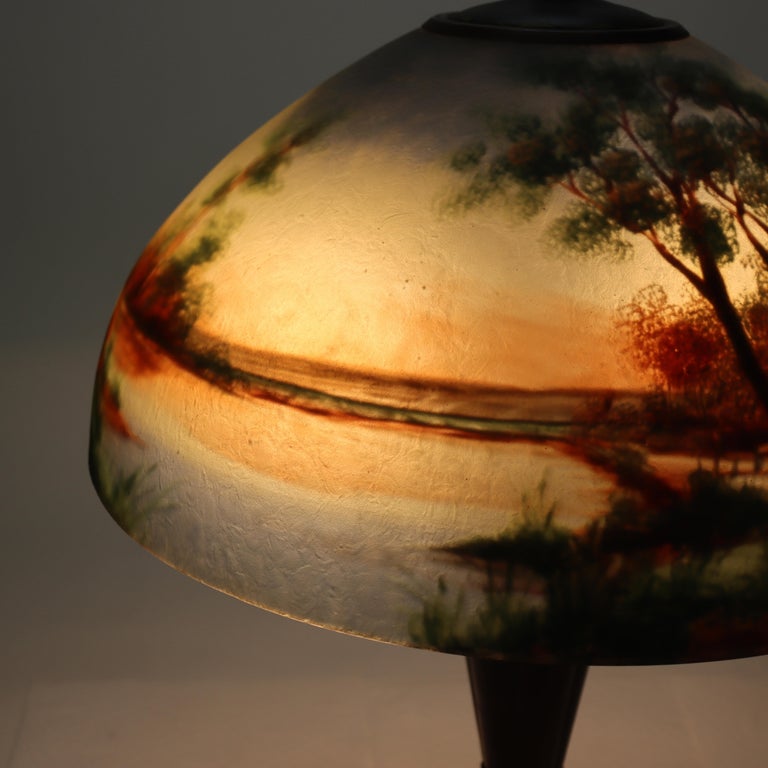 Antique Jefferson Arts & Crafts Scenic Reverse Painted Table Lamp C1920