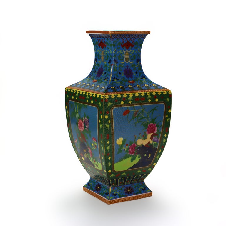 Vintage Chinese Enameled Porcelain Garden Vase with Floral Pattern Signed 20thC