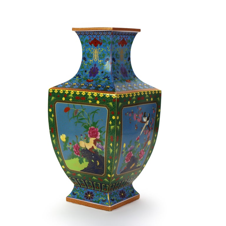 Vintage Chinese Enameled Porcelain Garden Vase with Floral Pattern Signed 20thC