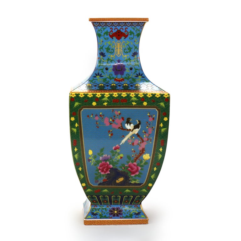 Vintage Chinese Enameled Porcelain Garden Vase with Floral Pattern Signed 20thC
