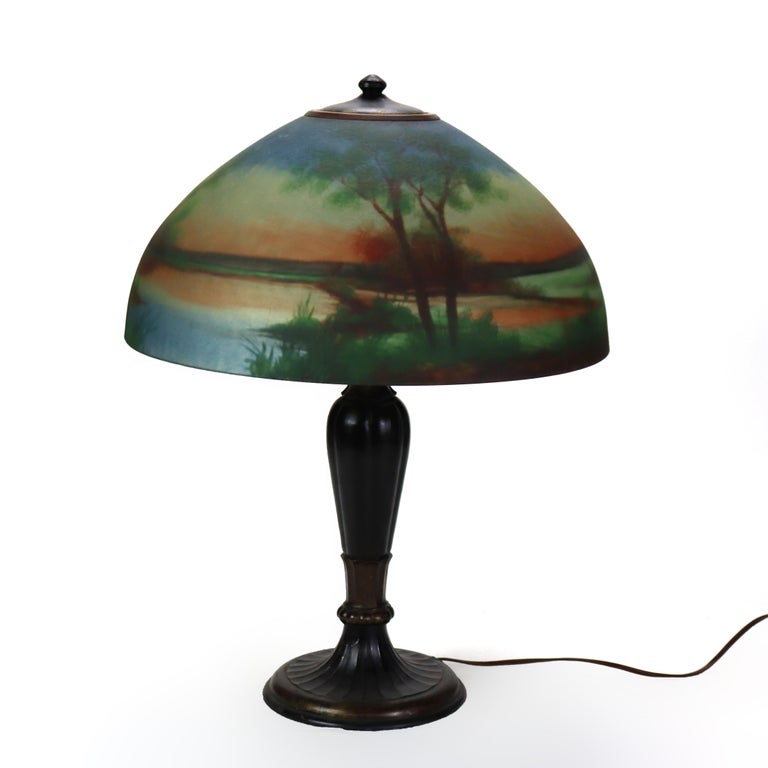 Antique Jefferson Arts & Crafts Scenic Reverse Painted Table Lamp C1920