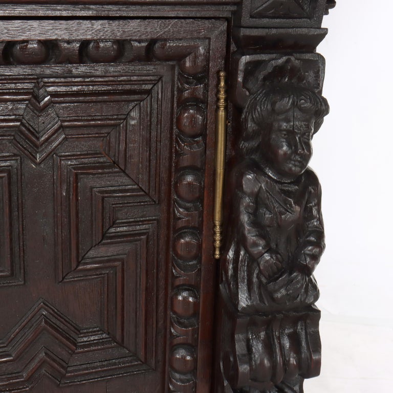 Antique Two Piece Italian Baroque Figural Carved Oak Court Cupboard 18thC