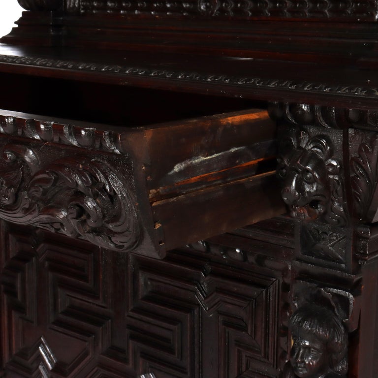 Antique Two Piece Italian Baroque Figural Carved Oak Court Cupboard 18thC