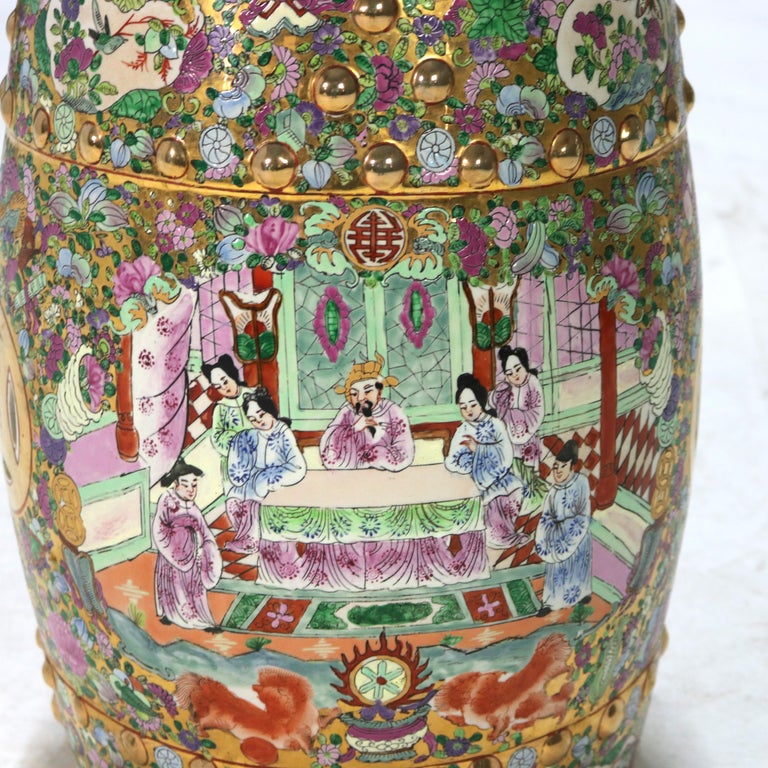 Vintage Chinese Rose Medallion Pottery Garden Seat with Genre Scene 20thC