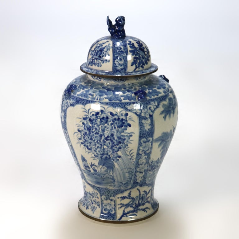 Oversized Chinese Blue and White Pottery Urn with Lid 20thC