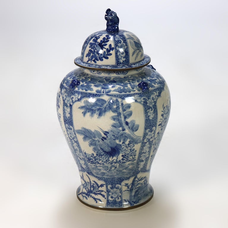 Oversized Chinese Blue and White Pottery Urn with Lid 20thC