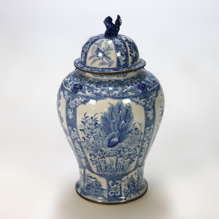 Oversized Chinese Blue and White Pottery Urn with Lid 20thC