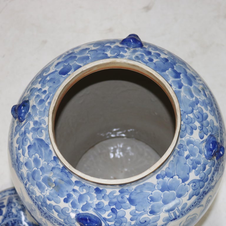 Oversized Chinese Blue and White Pottery Urn with Lid 20thC