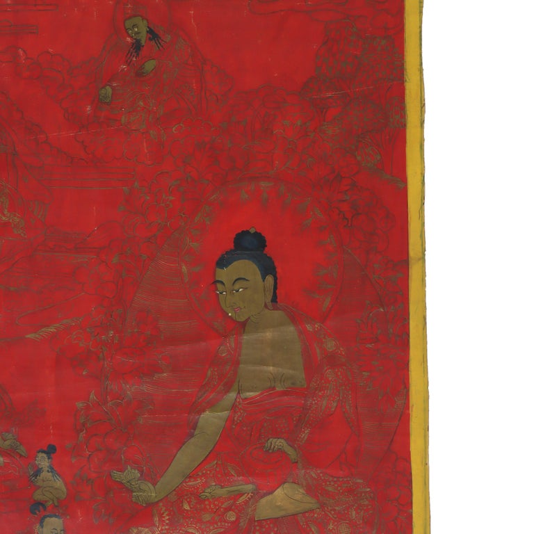 Antique Tibetan Thangka Painting with Figures, Red Ground, Signed 19thC