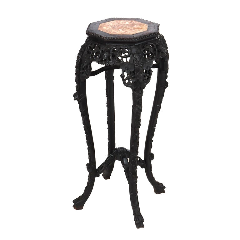 Antique Chinese Floral Carved Rosewood Stand with Rouge Marble Top C1920