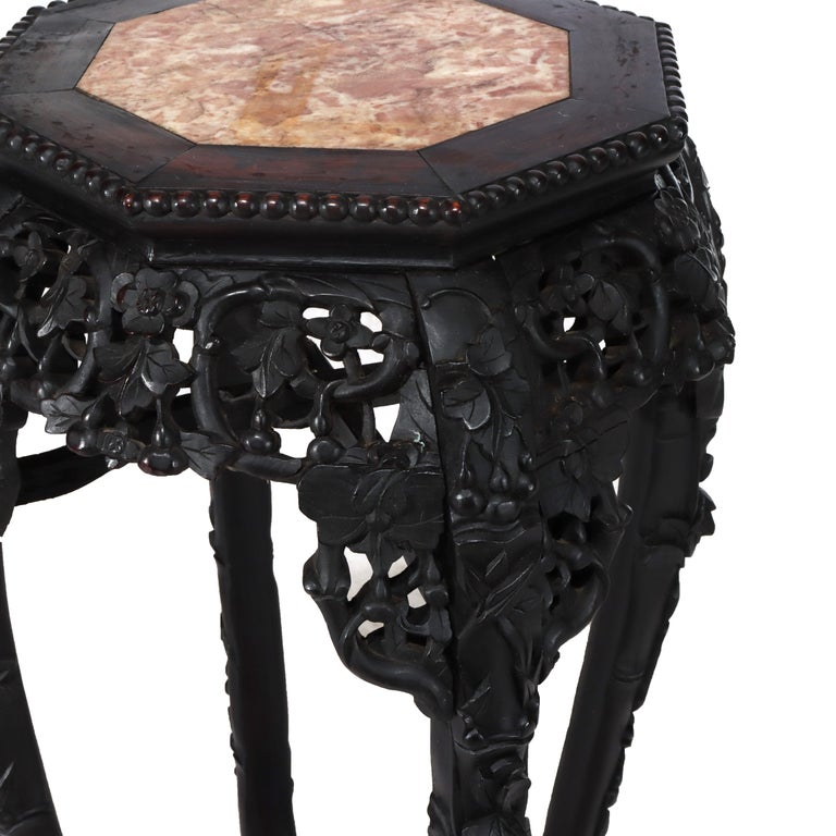 Antique Chinese Floral Carved Rosewood Stand with Rouge Marble Top C1920