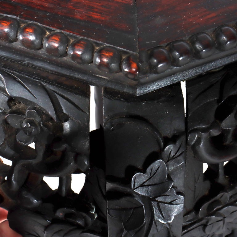 Antique Chinese Floral Carved Rosewood Stand with Rouge Marble Top C1920