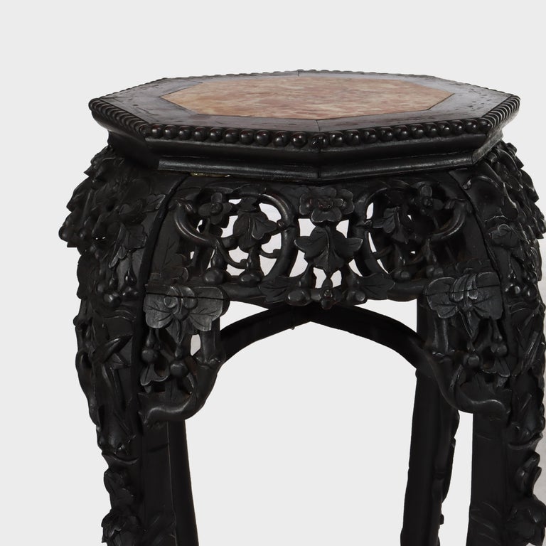 Antique Chinese Floral Carved Rosewood Stand with Rouge Marble Top C1920