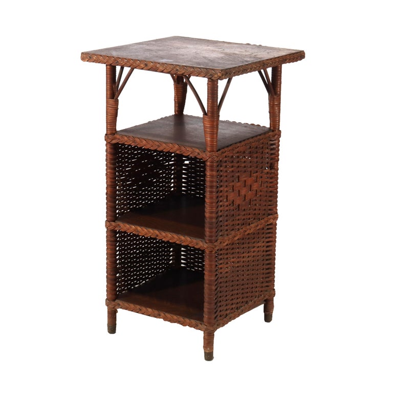 Antique Heywood Wakefield Arts & Crafts Oak & Wicker Magazine Stand C1920