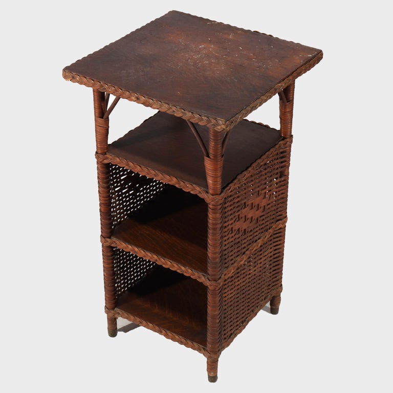 Antique Heywood Wakefield Arts & Crafts Oak & Wicker Magazine Stand C1920