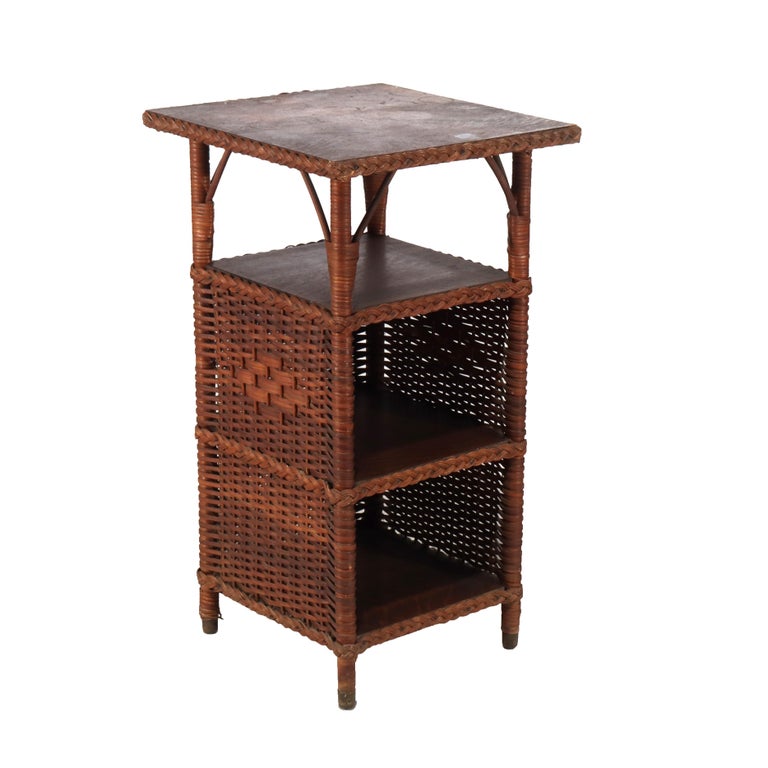 Antique Heywood Wakefield Arts & Crafts Oak & Wicker Magazine Stand C1920