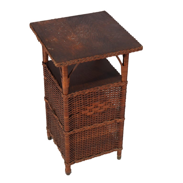 Antique Heywood Wakefield Arts & Crafts Oak & Wicker Magazine Stand C1920