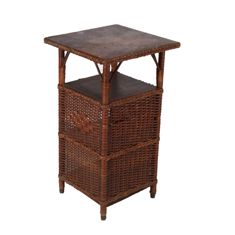 Antique Heywood Wakefield Arts & Crafts Oak & Wicker Magazine Stand C1920