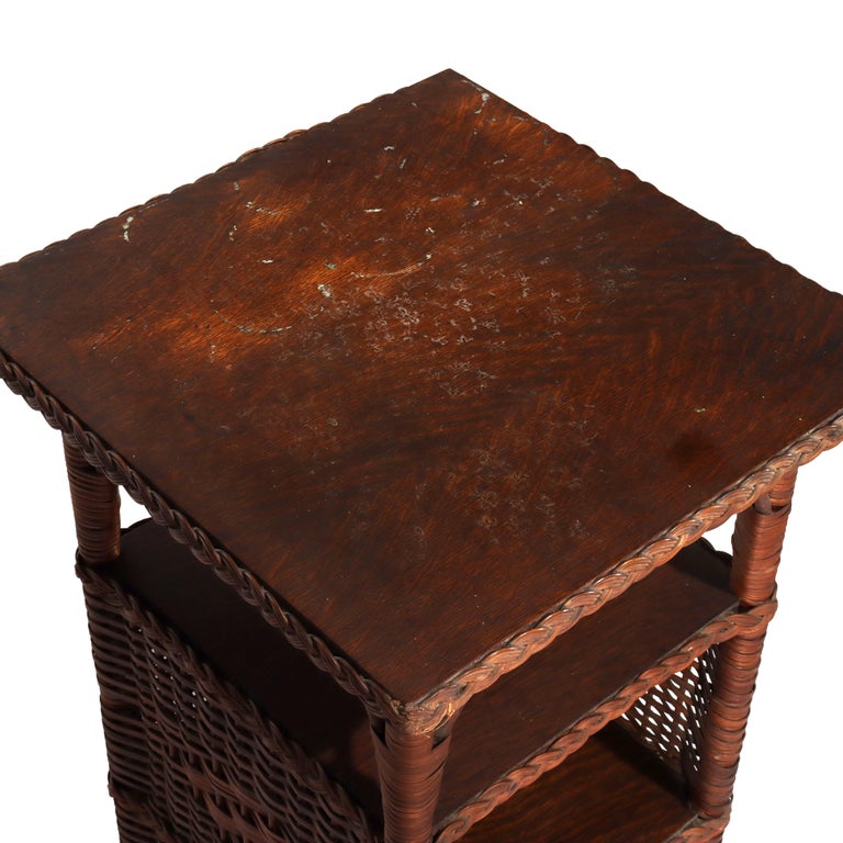 Antique Heywood Wakefield Arts & Crafts Oak & Wicker Magazine Stand C1920