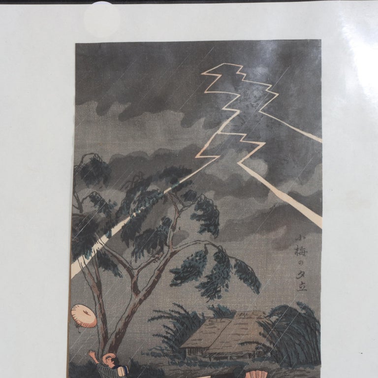 Hiroaki Takahas Japanese Woodblock Print “Thunderstorm At Tateishi” Signed C1925