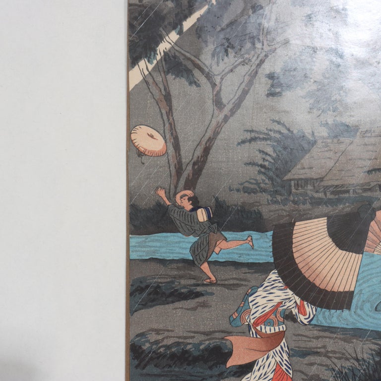 Hiroaki Takahas Japanese Woodblock Print “Thunderstorm At Tateishi” Signed C1925