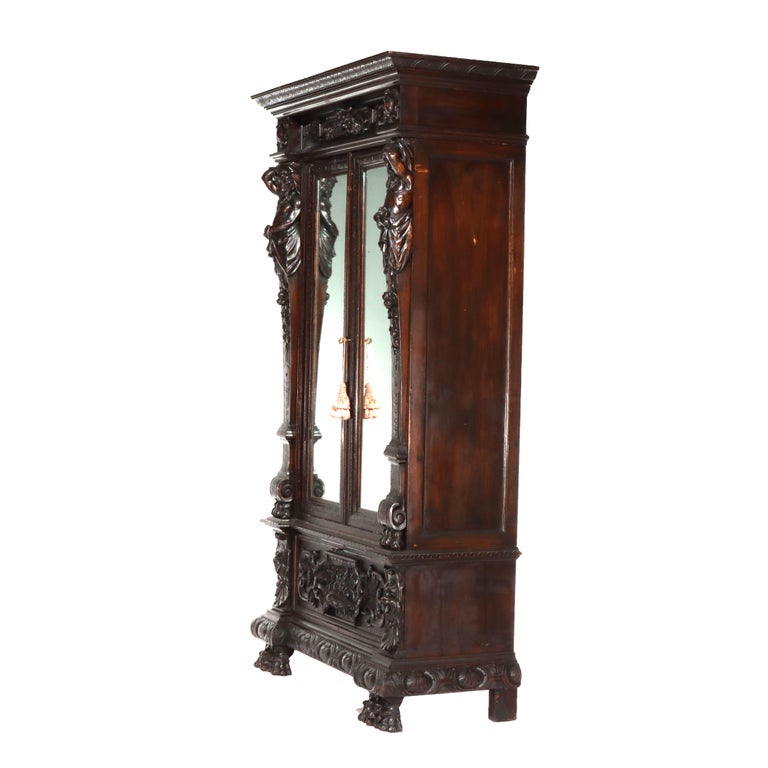 Antique Italian Baroque Heavily Figural Carved Walnut Armoire C1890