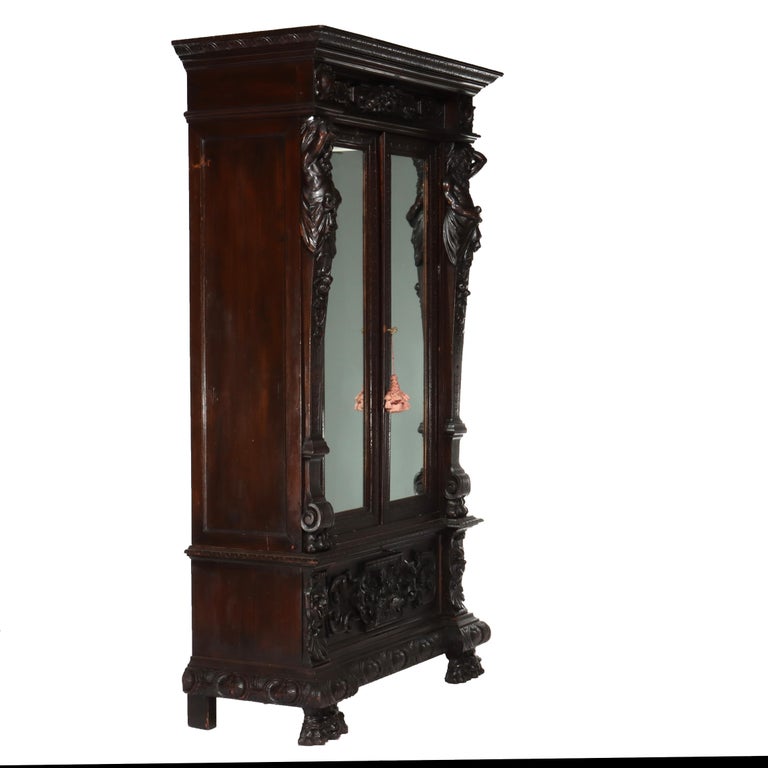 Antique Italian Baroque Heavily Figural Carved Walnut Armoire C1890