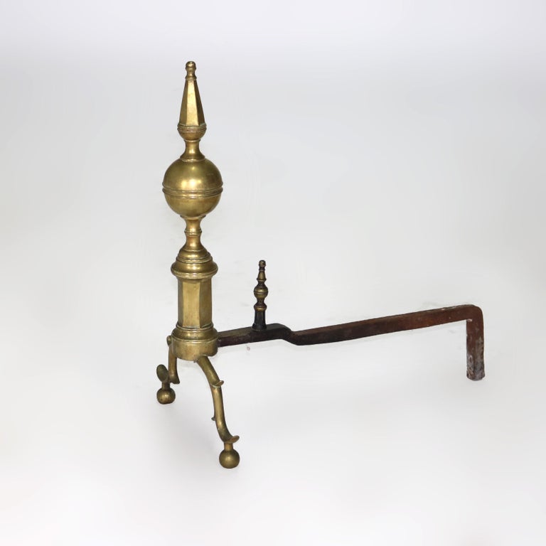 Pair of Antique Federal Brass and Wrought Iron Lemon Top Andirons C1810