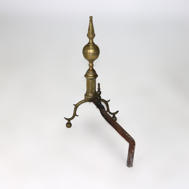 Pair of Antique Federal Brass and Wrought Iron Lemon Top Andirons C1810
