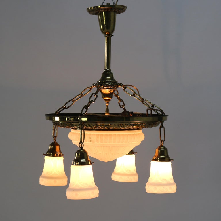 Antique Brass Hanging Fixture with Milk Glass Center Dome & Shades C1920