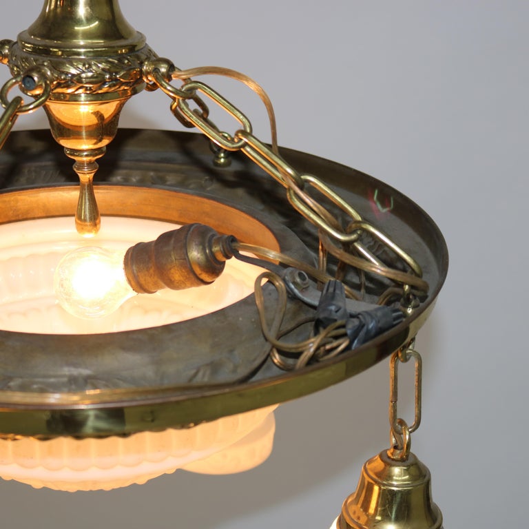 Antique Brass Hanging Fixture with Milk Glass Center Dome & Shades C1920