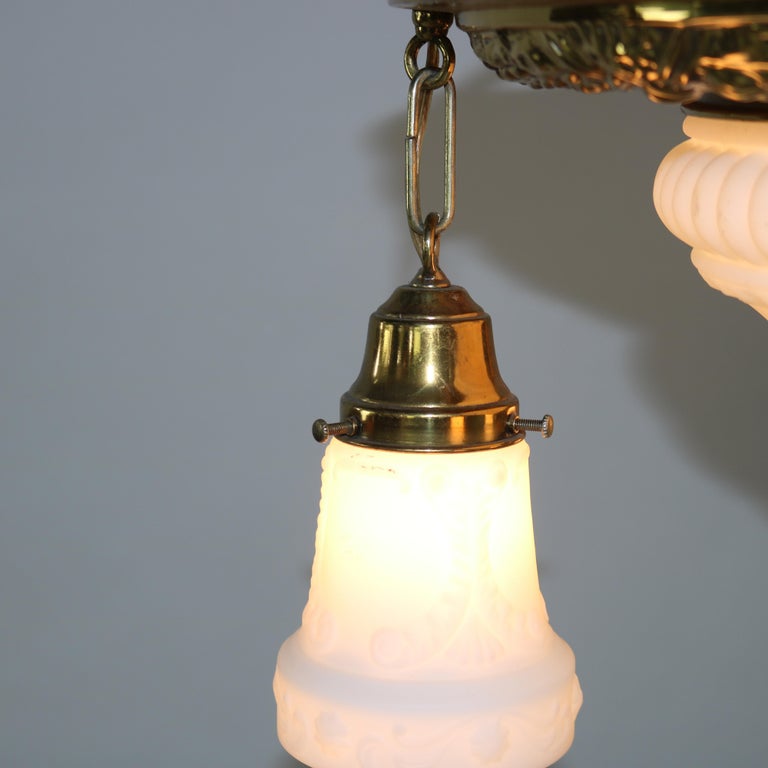 Antique Brass Hanging Fixture with Milk Glass Center Dome & Shades C1920