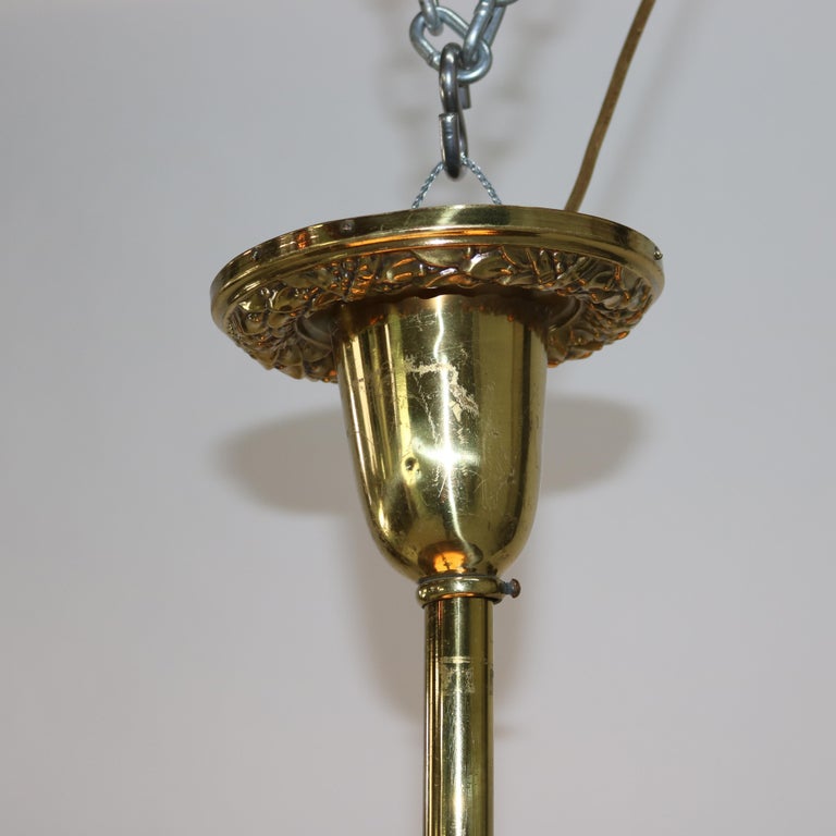Antique Brass Hanging Fixture with Milk Glass Center Dome & Shades C1920