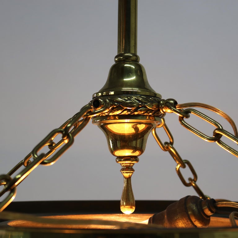 Antique Brass Hanging Fixture with Milk Glass Center Dome & Shades C1920