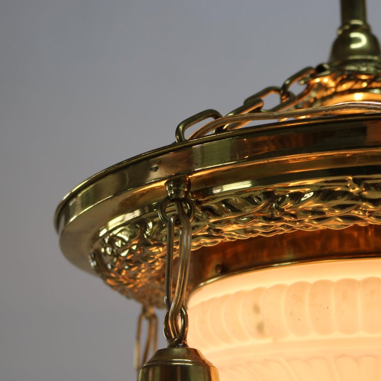 Antique Brass Hanging Fixture with Milk Glass Center Dome & Shades C1920