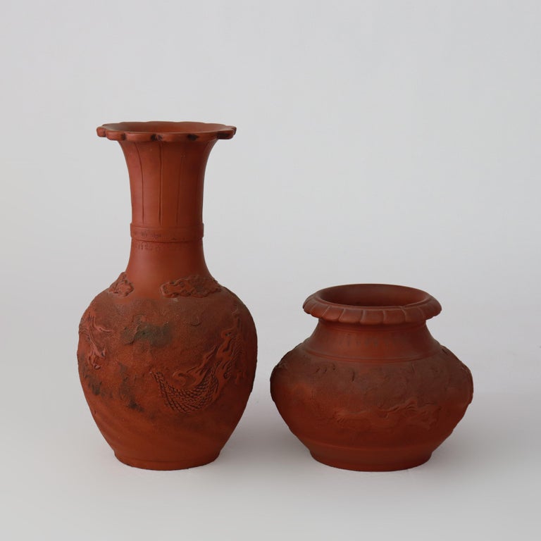 Two Antique Japanese Meiji Figural Dragon Relief Terra Cotta Vases C1920