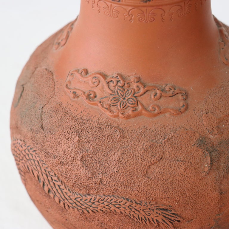 Two Antique Japanese Meiji Figural Dragon Relief Terra Cotta Vases C1920