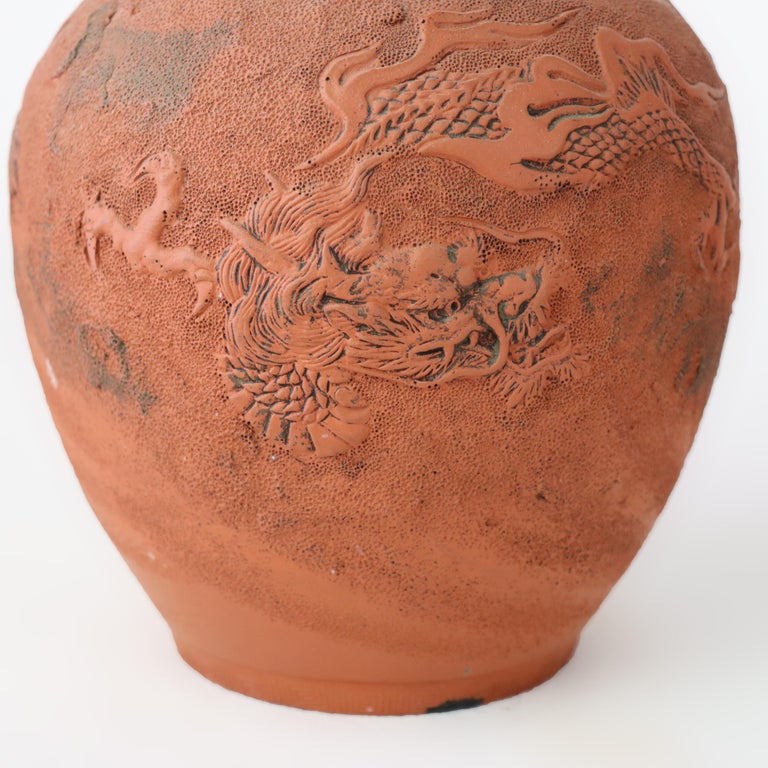 Two Antique Japanese Meiji Figural Dragon Relief Terra Cotta Vases C1920