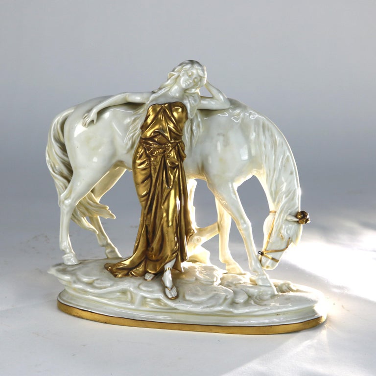Antique Meissen Classical Parcel Gilt Porcelain Figure of a Maiden & Horse C1890