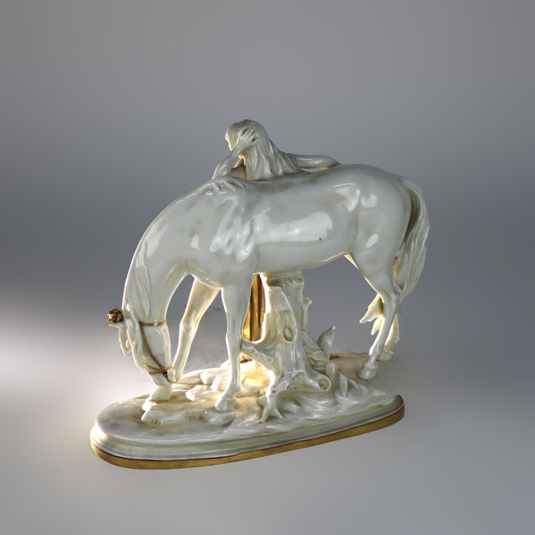 Antique Meissen Classical Parcel Gilt Porcelain Figure of a Maiden & Horse C1890