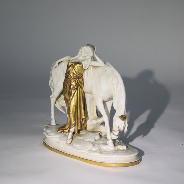 Antique Meissen Classical Parcel Gilt Porcelain Figure of a Maiden & Horse C1890